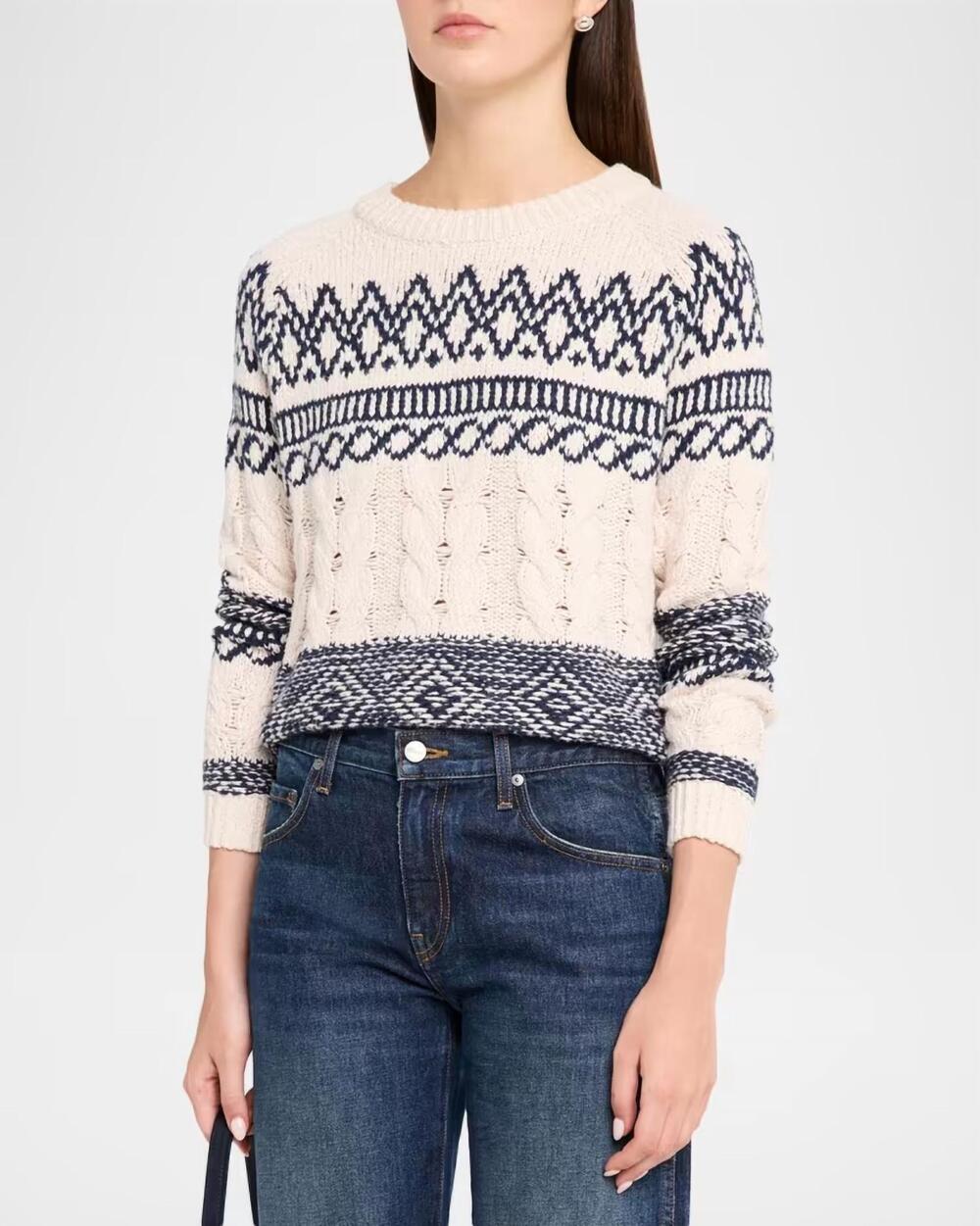 NEW AUTUMN CASHMERE fair isle cable crew knit sweater in sand navy